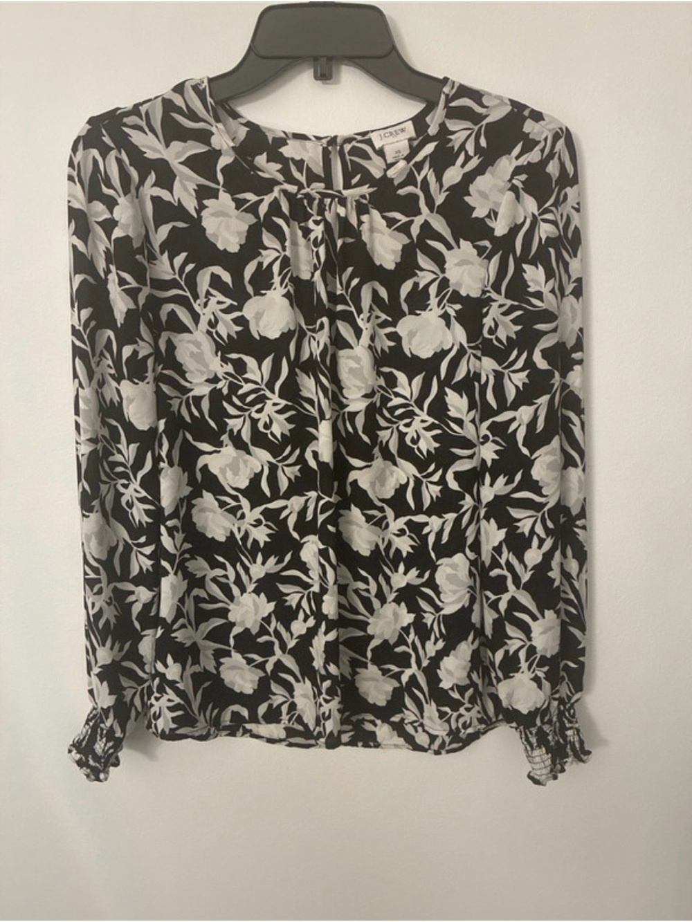 J. Crew Black and White Floral Tie-Neck Blouse